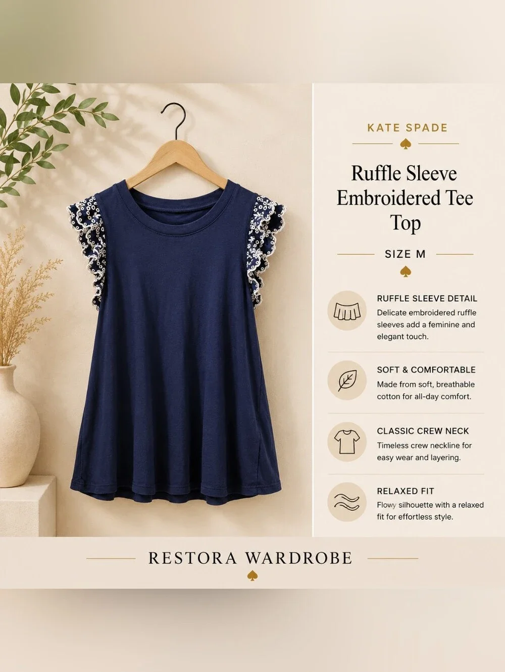 Kate Spade Navy Eyelet Ruffle Sleeve Cotton Top Preppy Feminine M